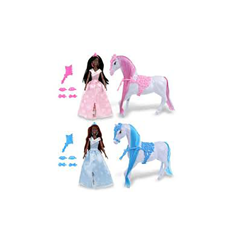 2 packs 12 Inches Princess Doll & 10.5 Inches Horse & Accessories Play Set African American Doll Set