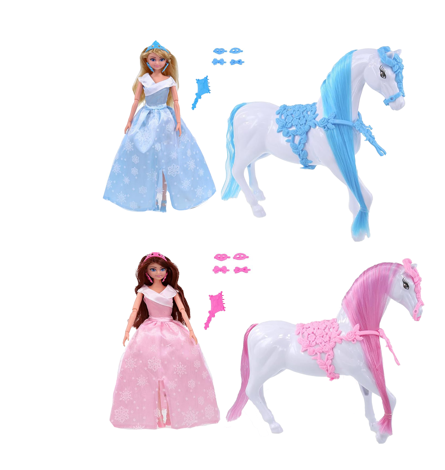 2 Packs of 12 Inches Princess Doll & 10.5 Inches Horse & Accessories Play Set Caucacian Doll Set