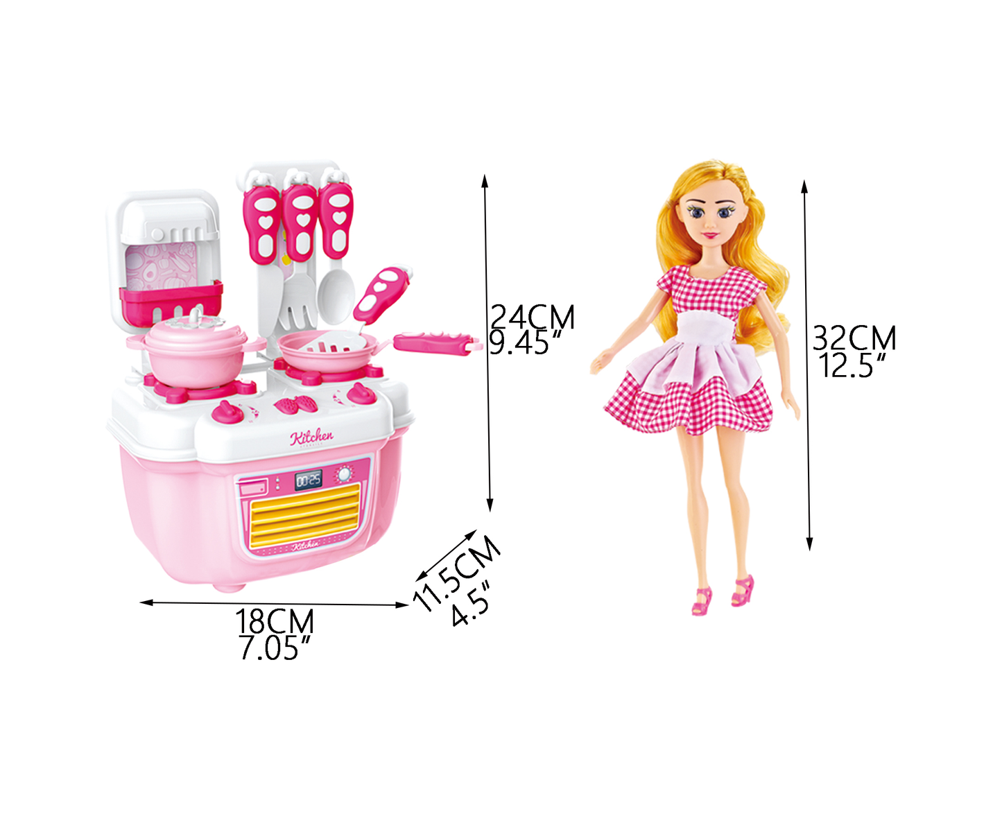 Girl's 12-Inch Doll with Kitchen & Accessories Play Set - Large Size Toy for Endless Fun