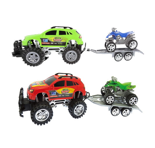 2 Pack Friction Powered Monster Trucks Car Toy SUV Towing ATV Trailer Toys Set for Fun Playtime Indoor or Outdoor