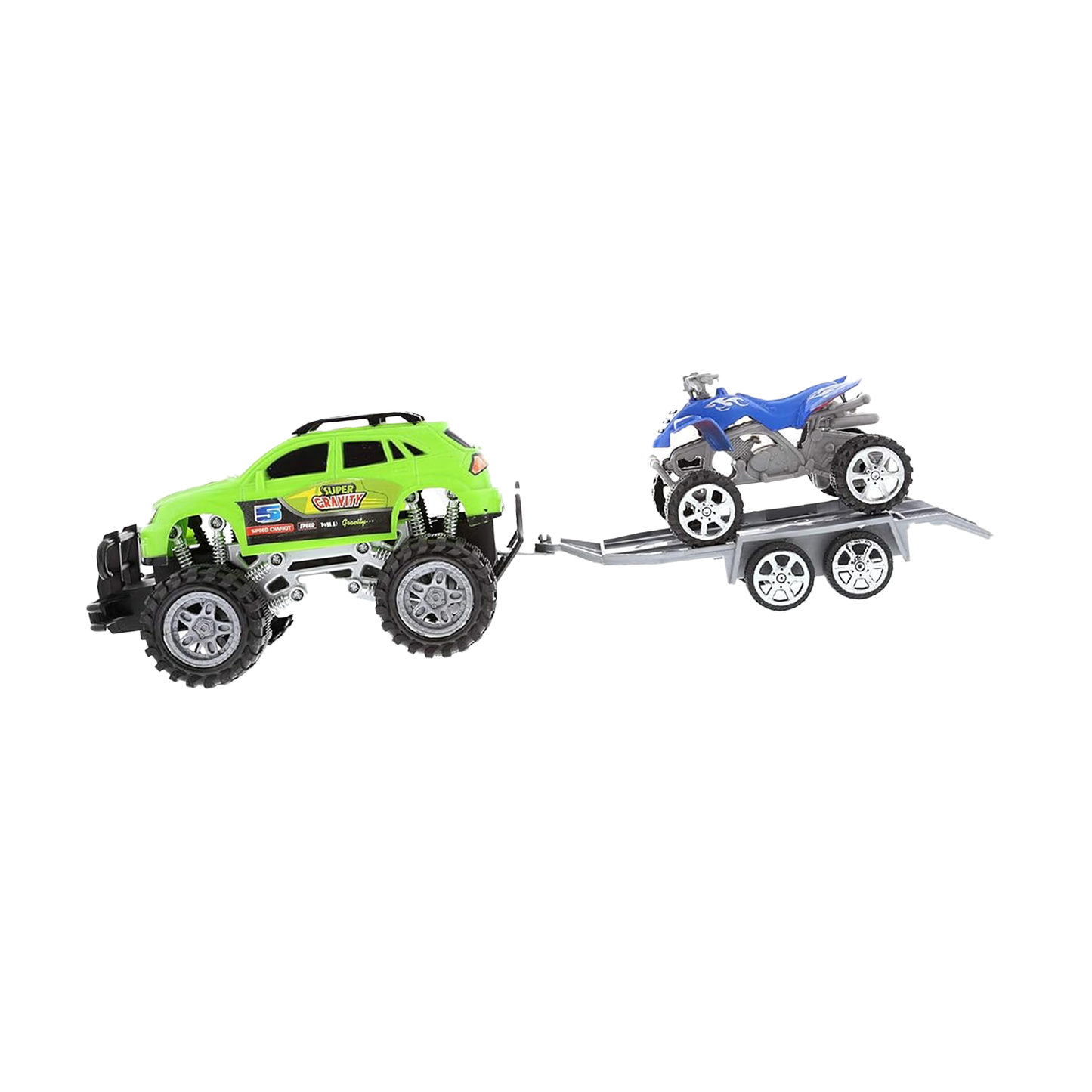 2 Pack Friction Powered Monster Trucks Car Toy SUV Towing ATV Trailer Toys Set for Fun Playtime Indoor or Outdoor