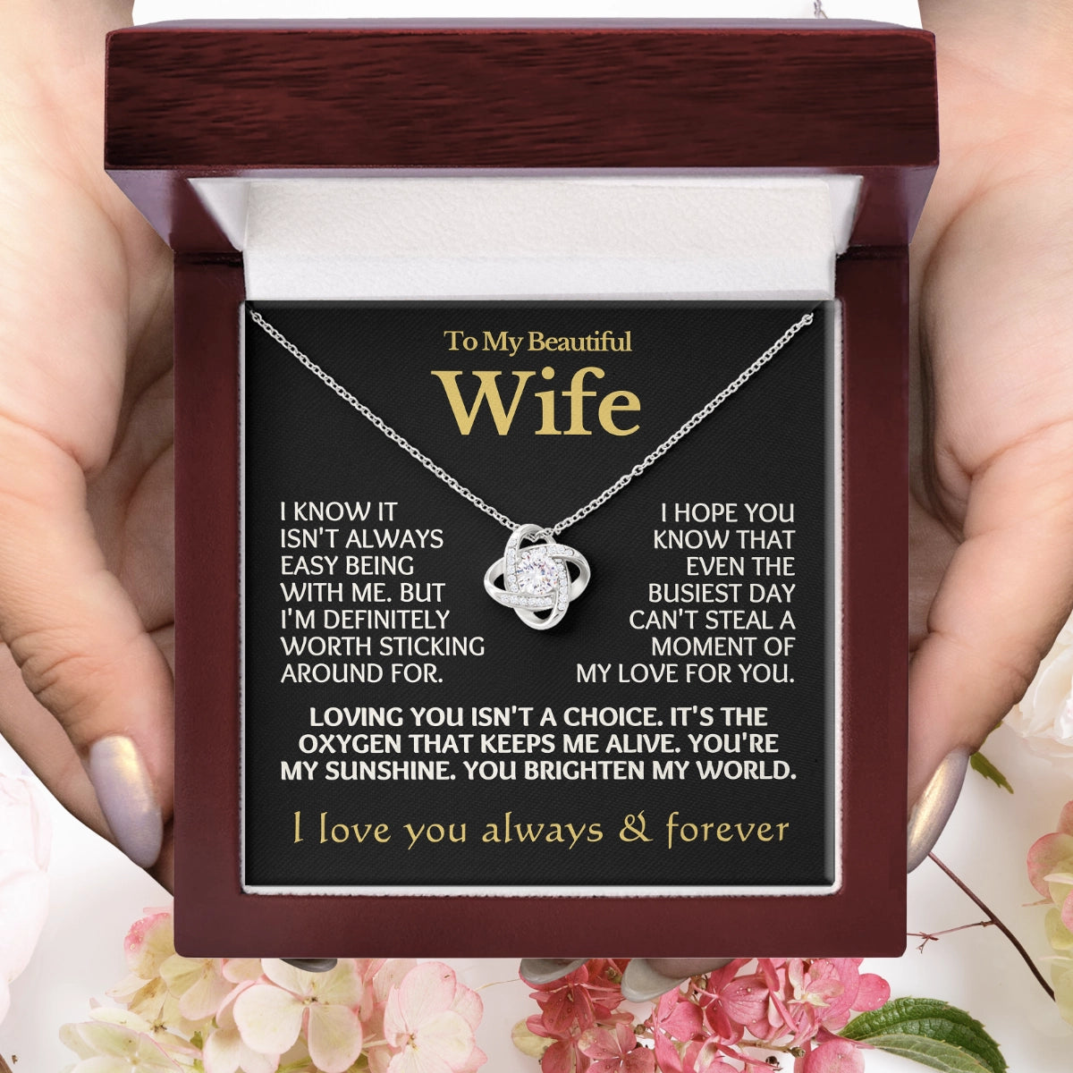 To My Wife Love-Knot Necklace With Heartfelt Message Card in Luxury Wood Box