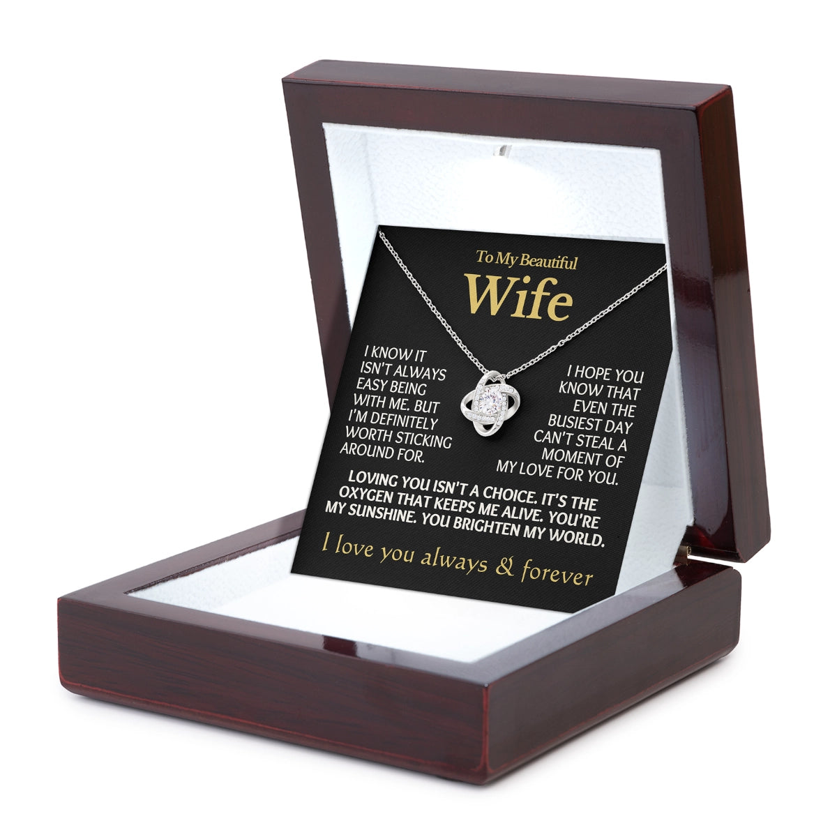 To My Wife Love-Knot Necklace With Heartfelt Message Card in Luxury Wood Box