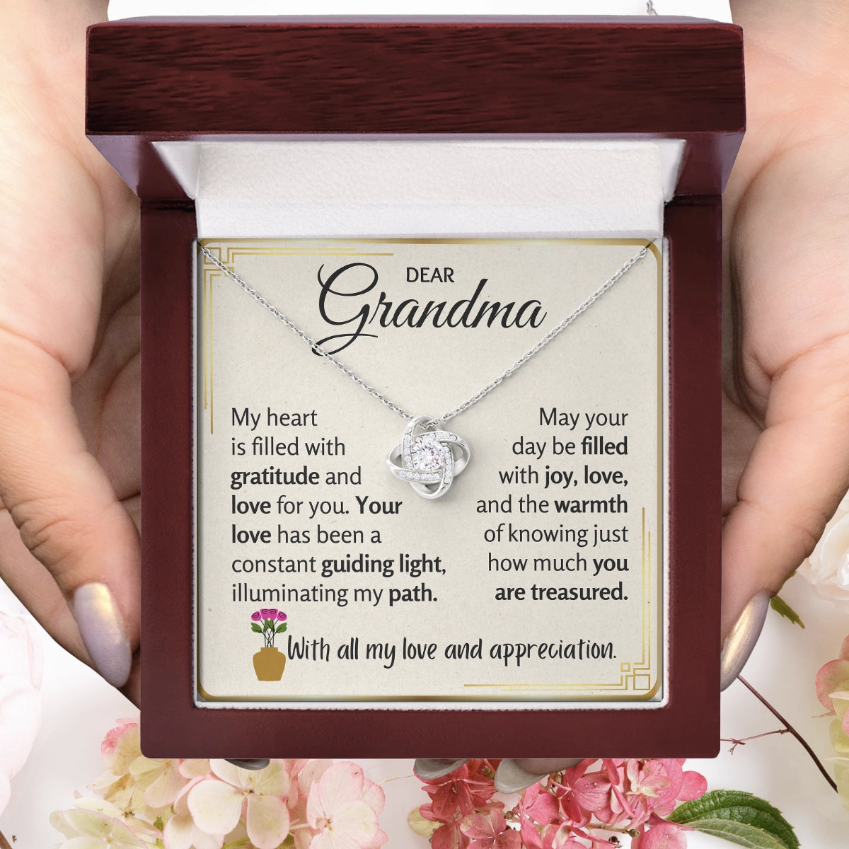 To My Grandma Love-Knot Necklace With Heartfelt Message Card in Luxury Wood Box