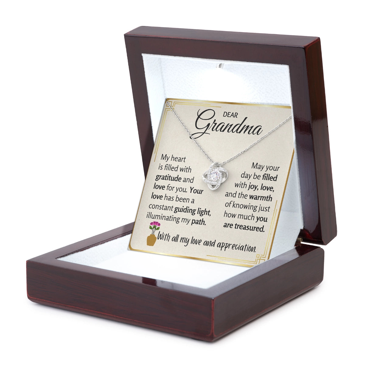 To My Grandma Love-Knot Necklace With Heartfelt Message Card in Luxury Wood Box