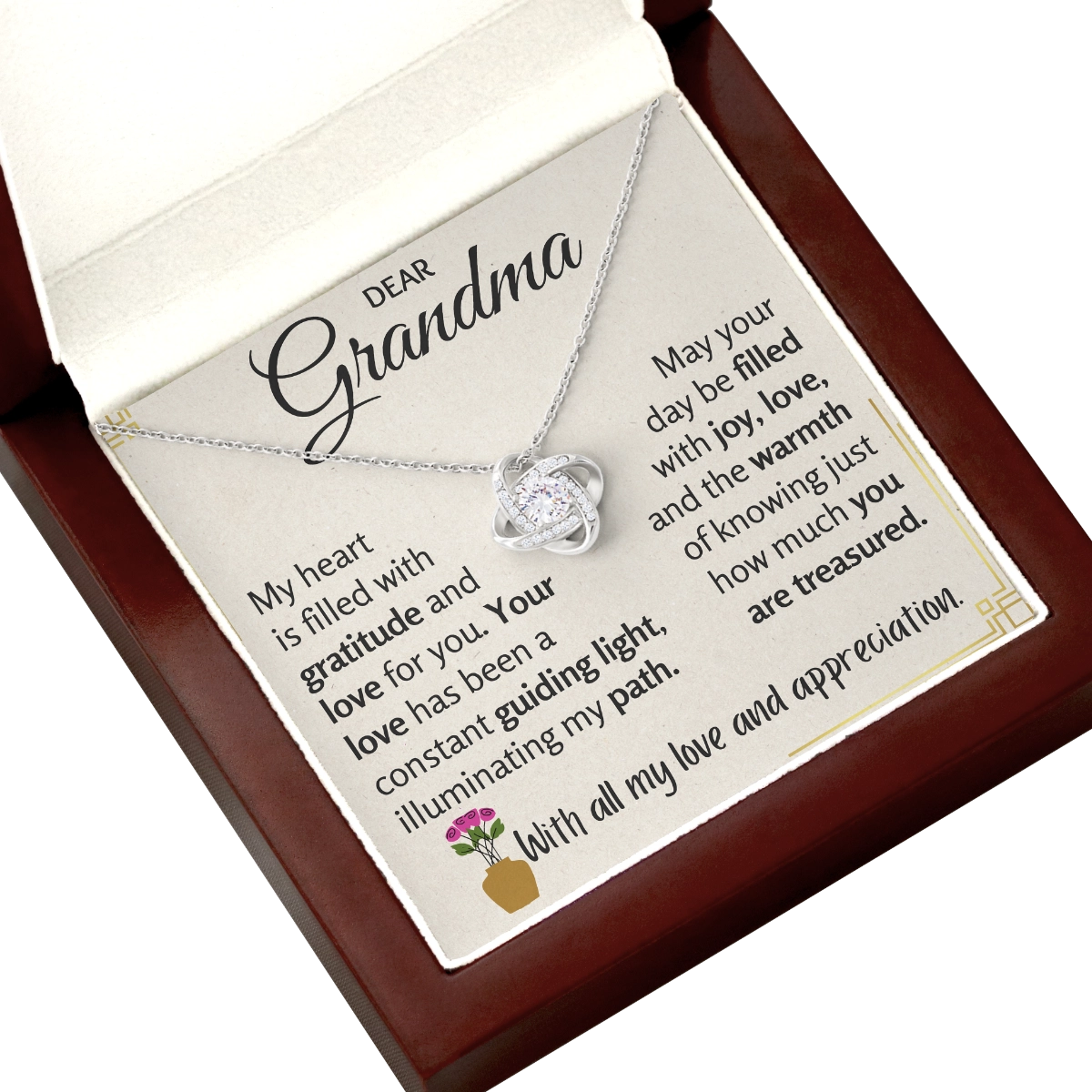 To My Grandma Love-Knot Necklace With Heartfelt Message Card in Luxury Wood Box