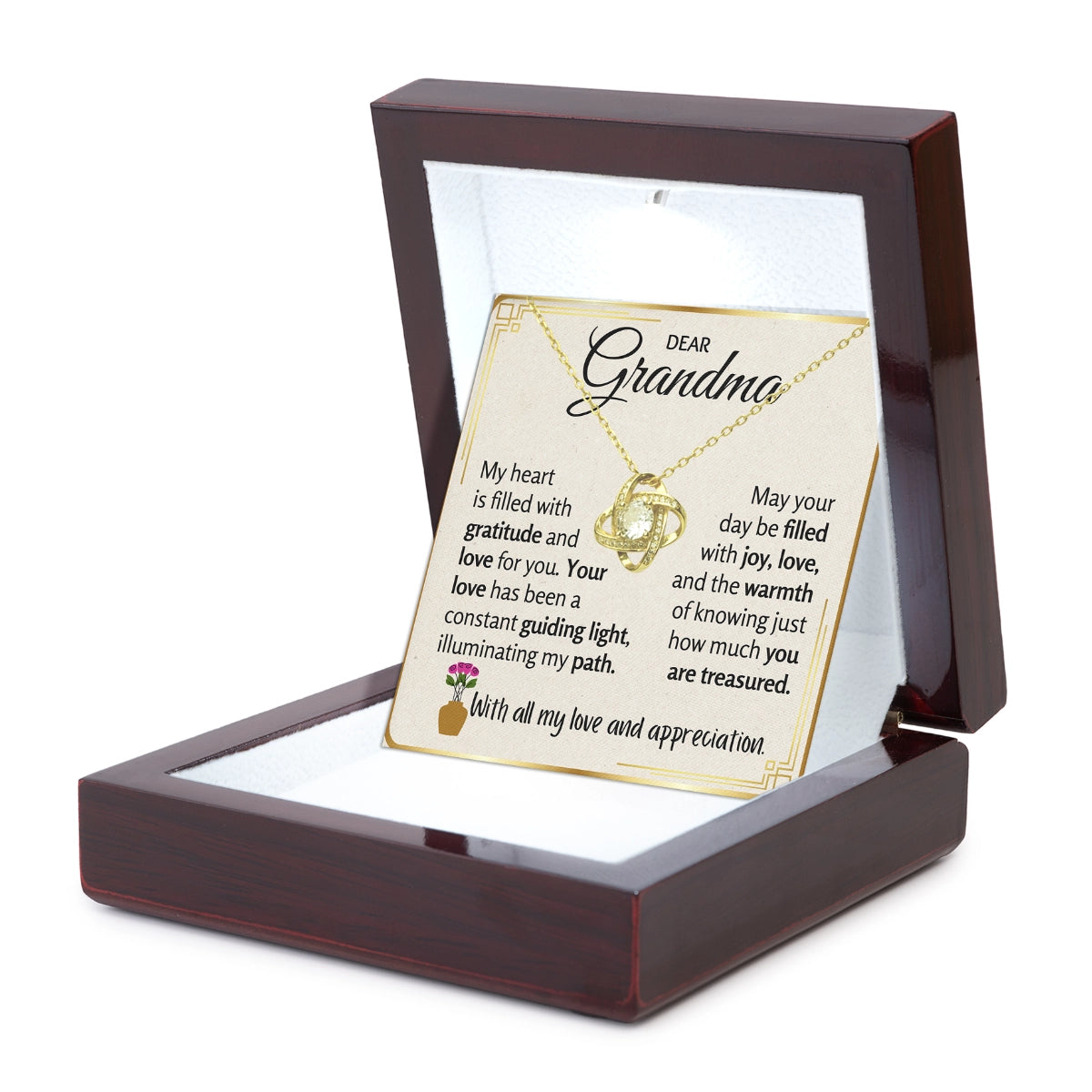 To My Grandma Love-Knot Necklace With Heartfelt Message Card in Luxury Wood Box