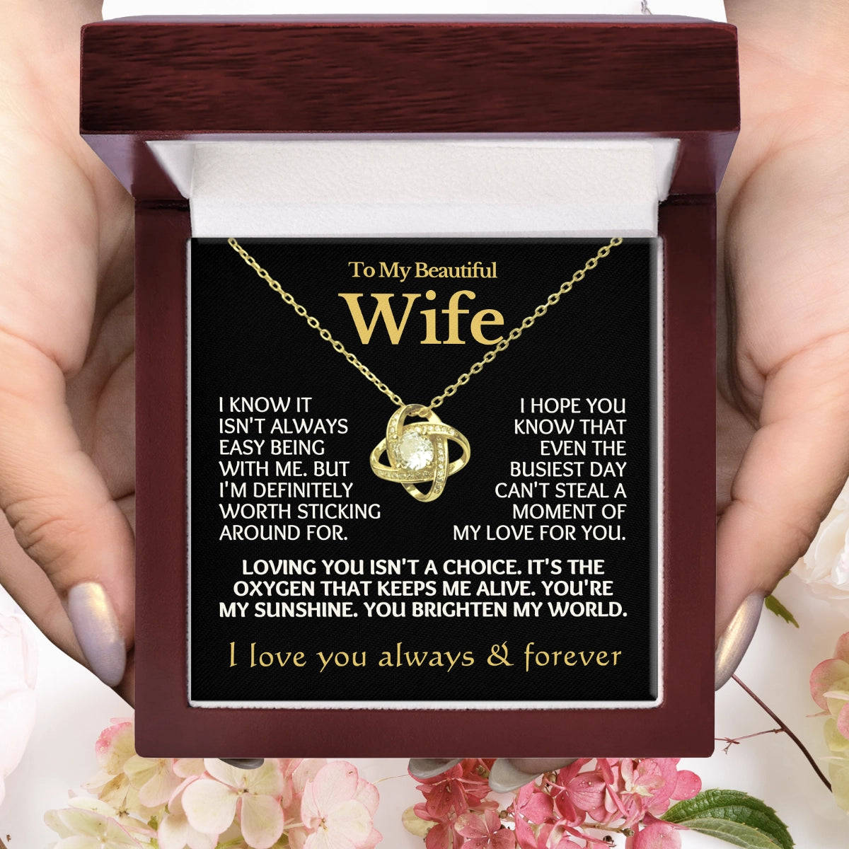 To My Wife Love-Knot Necklace With Heartfelt Message Card in Luxury Wood Box