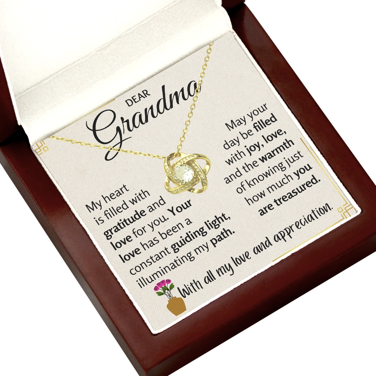 To My Grandma Love-Knot Necklace With Heartfelt Message Card in Luxury Wood Box