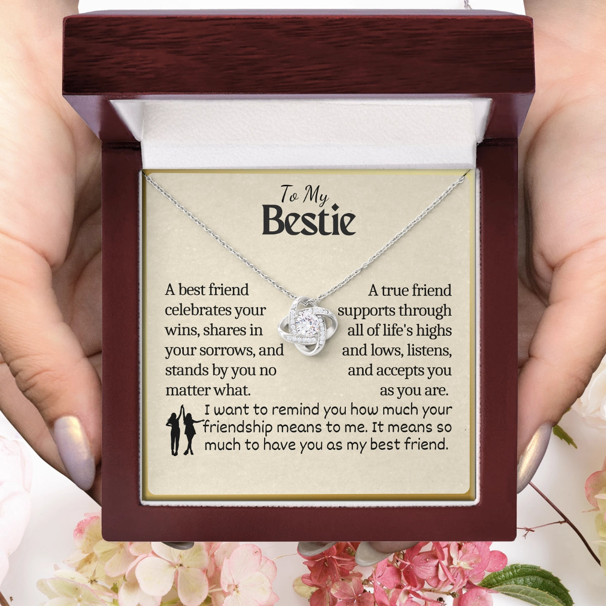 To My Bestie Love-Knot Necklace With Heartfelt Message Card in Luxury Wood Box