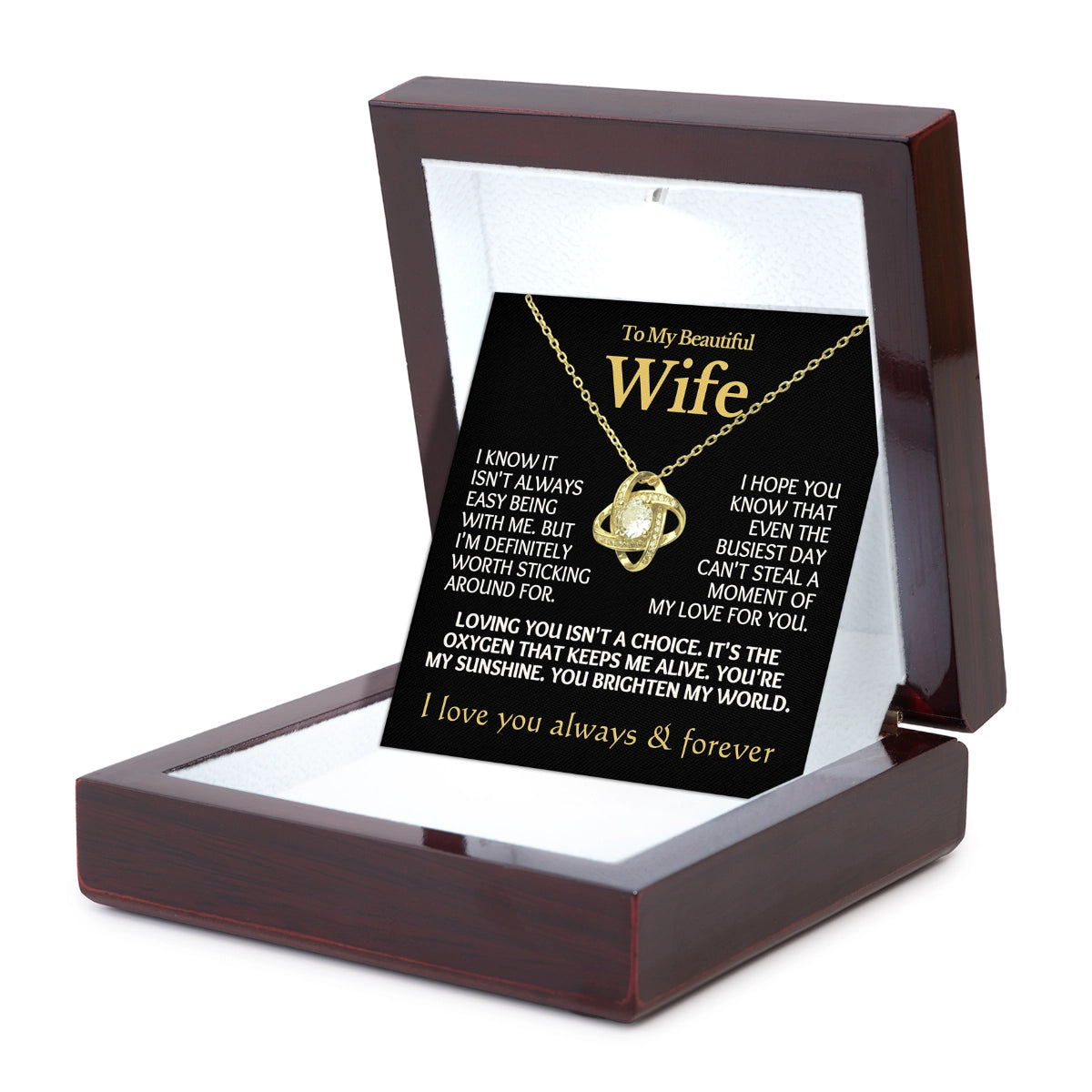 To My Wife Love-Knot Necklace With Heartfelt Message Card in Luxury Wood Box