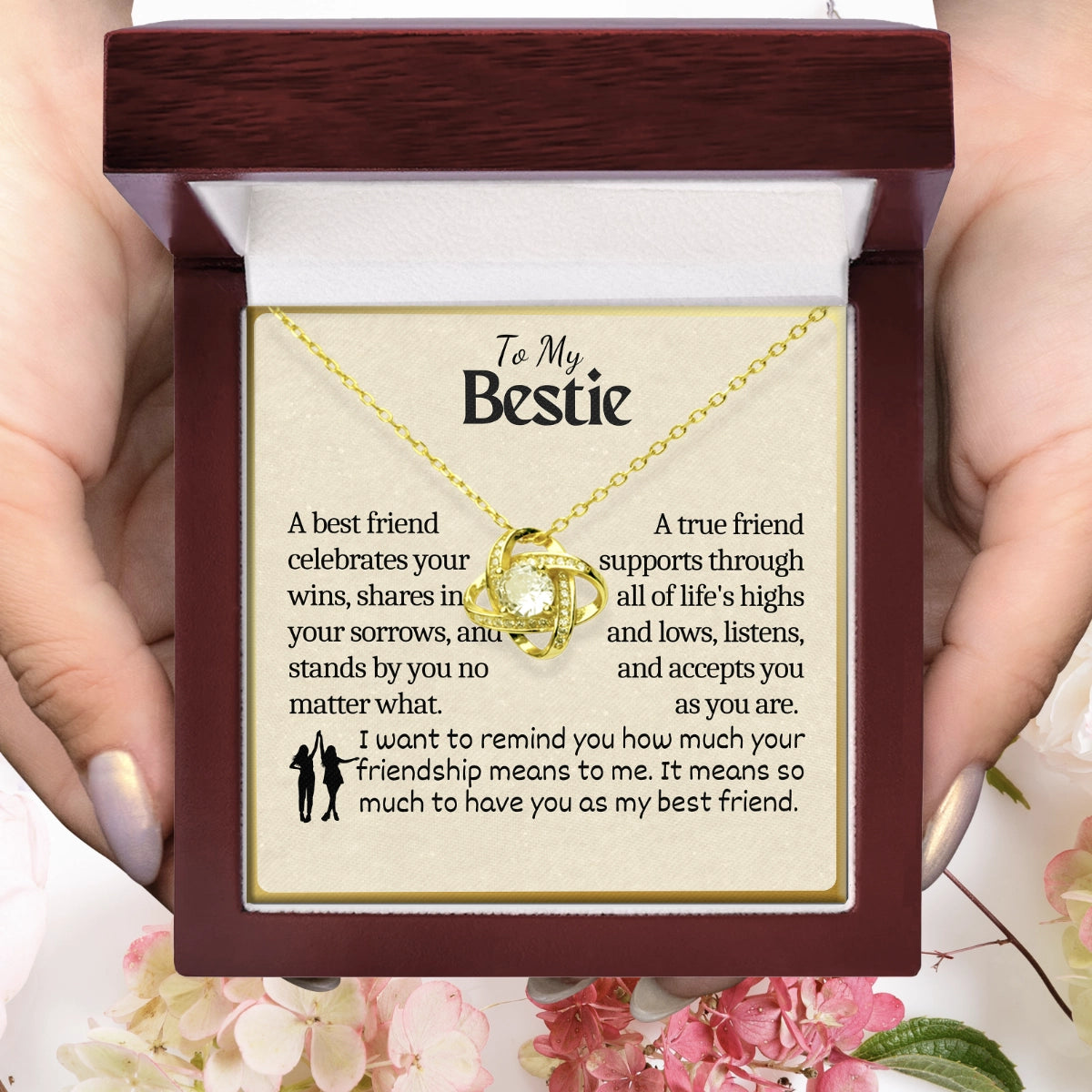 To My Bestie Love-Knot Necklace With Heartfelt Message Card in Luxury Wood Box