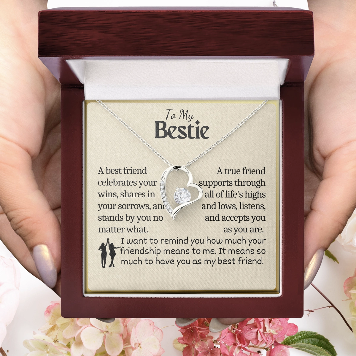 To My Bestie Heart Necklace With Heartfelt Message Card in Luxury Wood Box