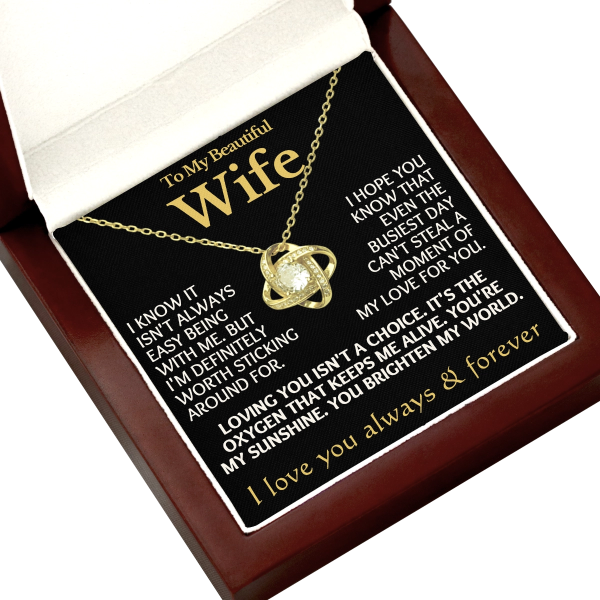 To My Wife Love-Knot Necklace With Heartfelt Message Card in Luxury Wood Box