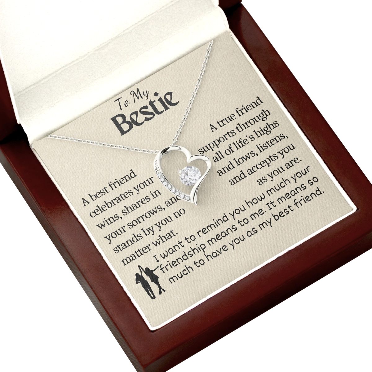 To My Bestie Heart Necklace With Heartfelt Message Card in Luxury Wood Box