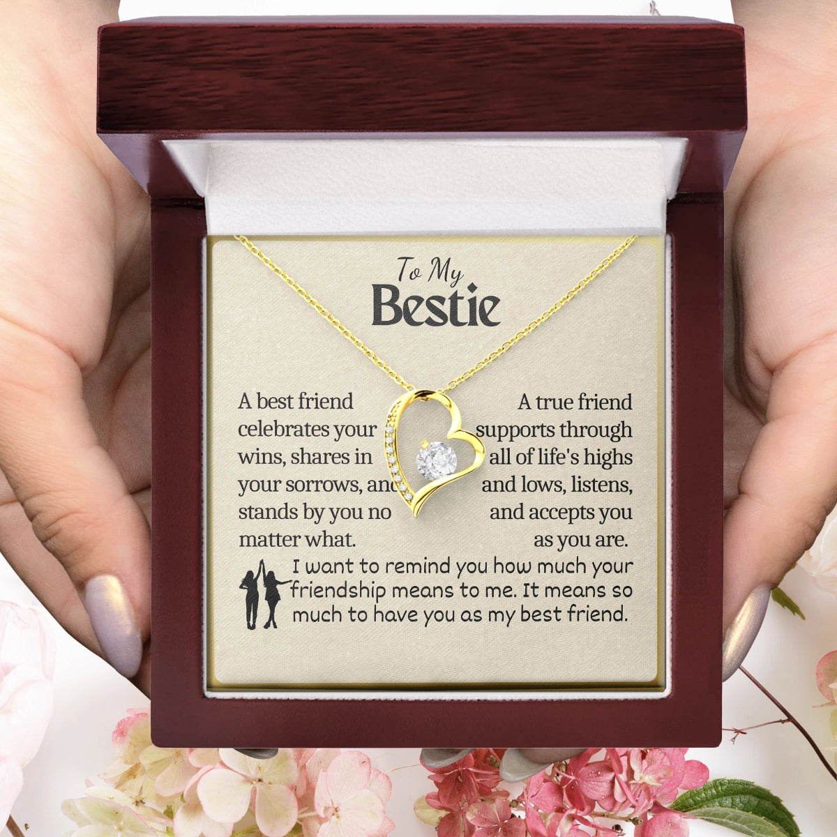 To My Bestie Heart Necklace With Heartfelt Message Card in Luxury Wood Box