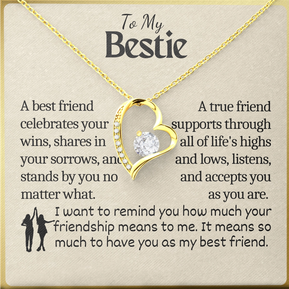 To My Bestie Heart Necklace With Heartfelt Message Card in Luxury Wood Box