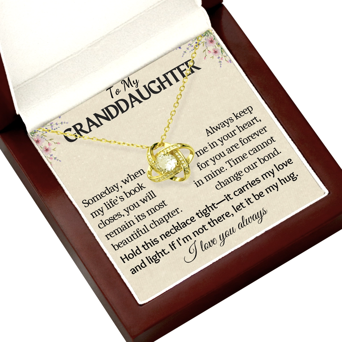 To My Granddaughter Love-Knot Necklace With Heartfelt Message Card in Luxury Wood Box