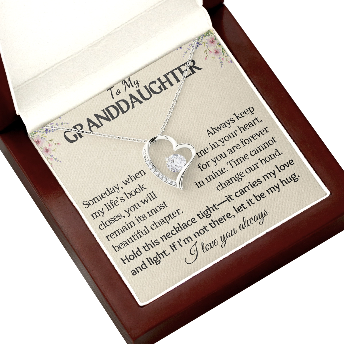 To My Granddaughter Heart Necklace With Heartfelt Message Card in Luxury Wood Box