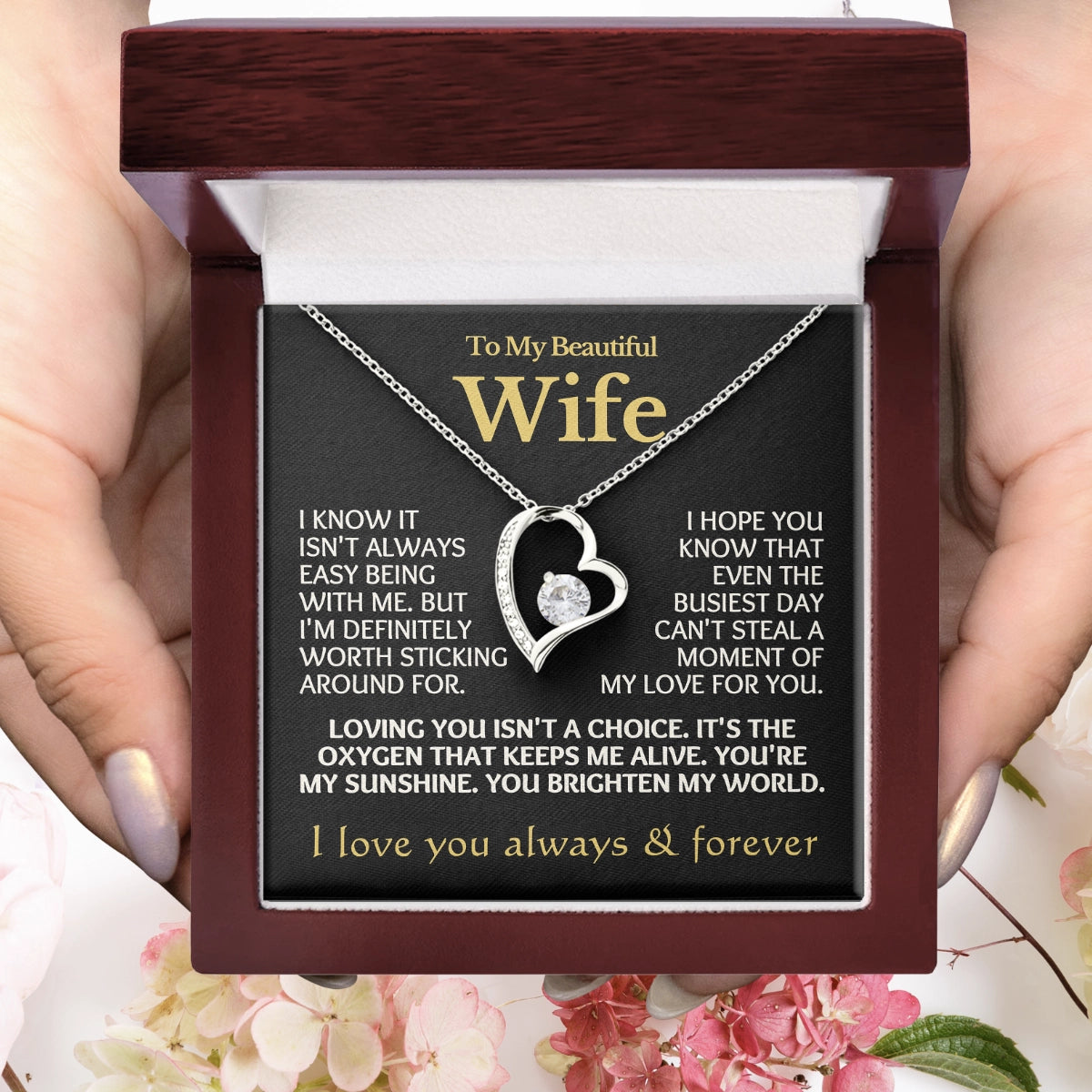 To My Wife Heart Necklace With Heartfelt Message Card in Luxury Wood Box