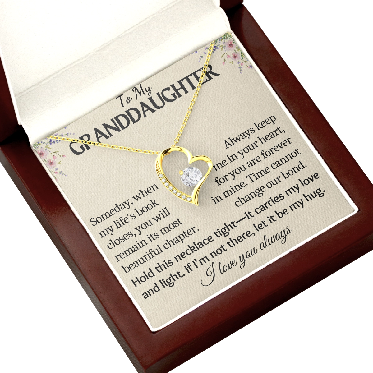 To My Granddaughter Heart Necklace With Heartfelt Message Card in Luxury Wood Box