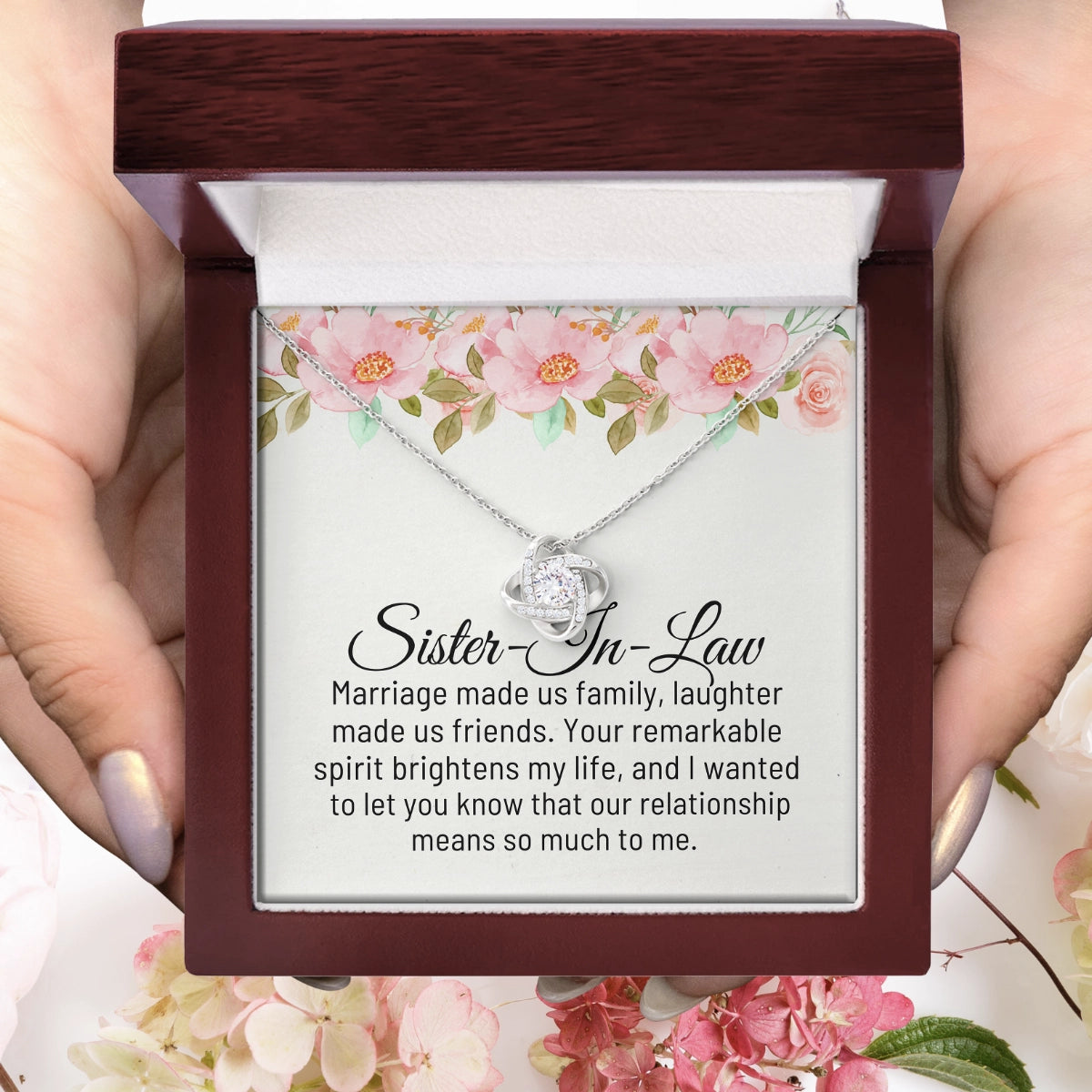 To My Sister in Law Love-Knot Necklace With Heartfelt Message Card in Luxury Wood Box