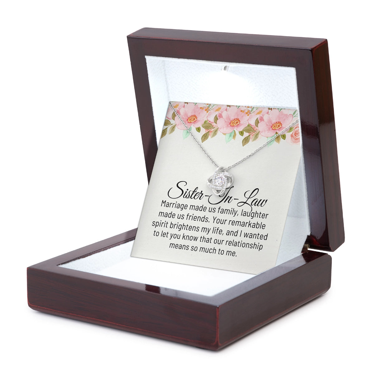 To My Sister in Law Love-Knot Necklace With Heartfelt Message Card in Luxury Wood Box