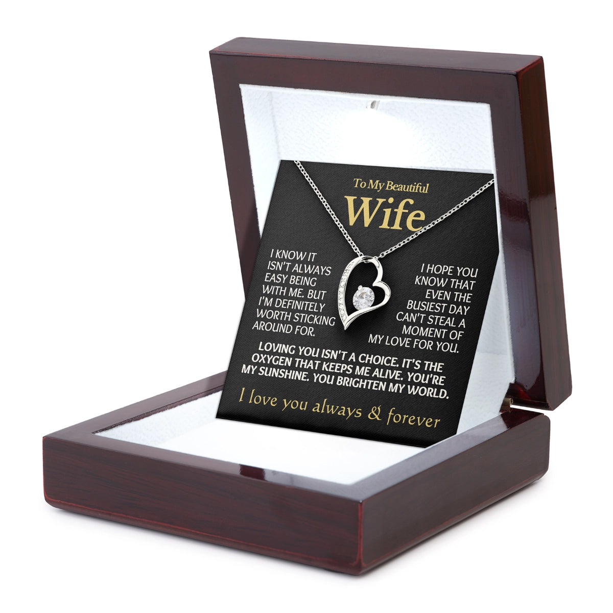 To My Wife Heart Necklace With Heartfelt Message Card in Luxury Wood Box