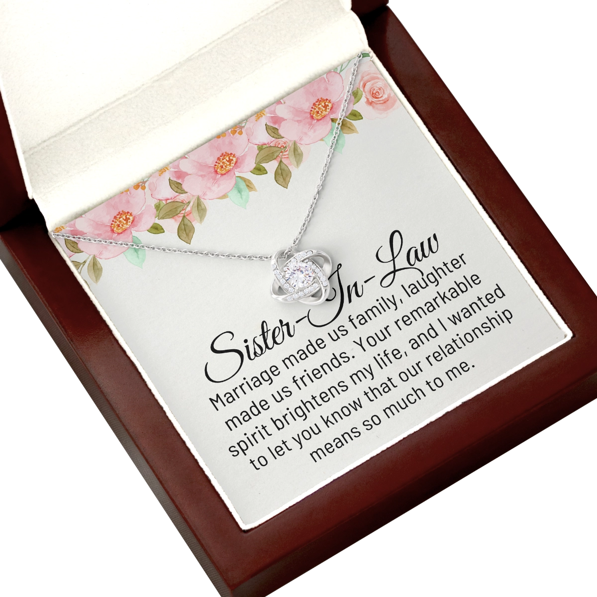 To My Sister in Law Love-Knot Necklace With Heartfelt Message Card in Luxury Wood Box