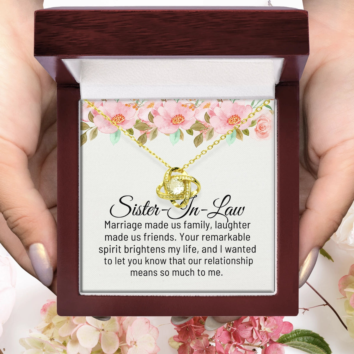 To My Sister in Law Love-Knot Necklace With Heartfelt Message Card in Luxury Wood Box