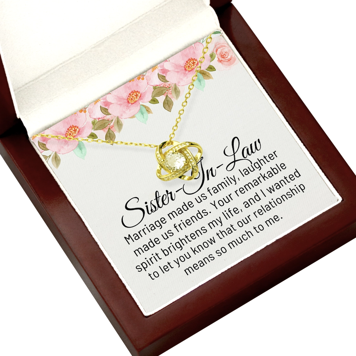 To My Sister in Law Love-Knot Necklace With Heartfelt Message Card in Luxury Wood Box