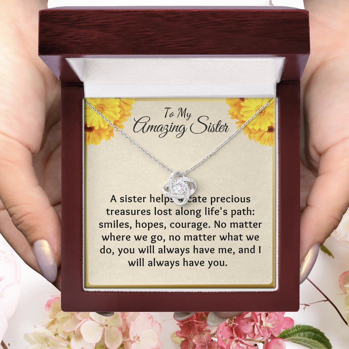 To My Sister Love-Knot Necklace With Heartfelt Message Card in Luxury Wood Box