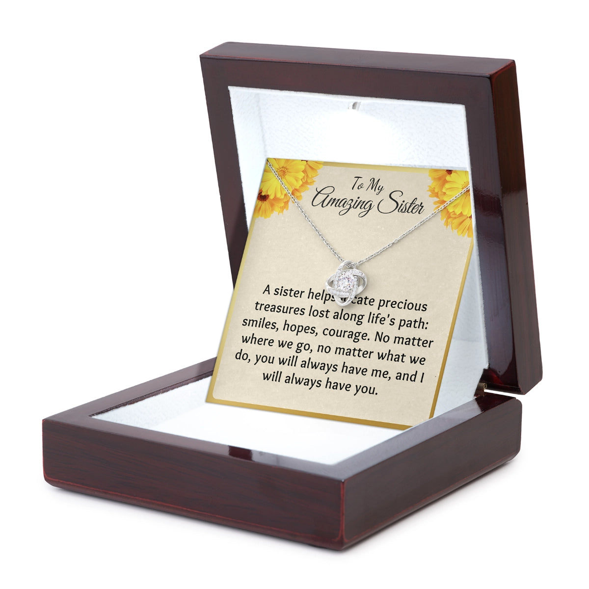 To My Sister Love-Knot Necklace With Heartfelt Message Card in Luxury Wood Box