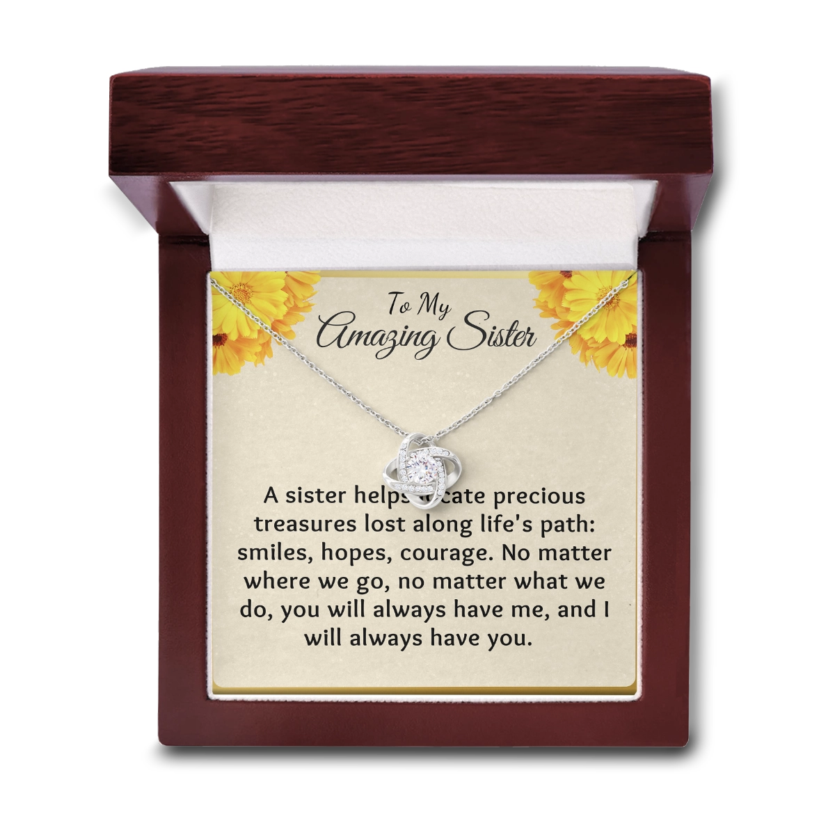 To My Sister Love-Knot Necklace With Heartfelt Message Card in Luxury Wood Box