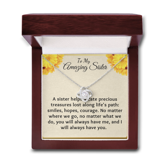 To My Sister Love-Knot Necklace With Heartfelt Message Card in Luxury Wood Box