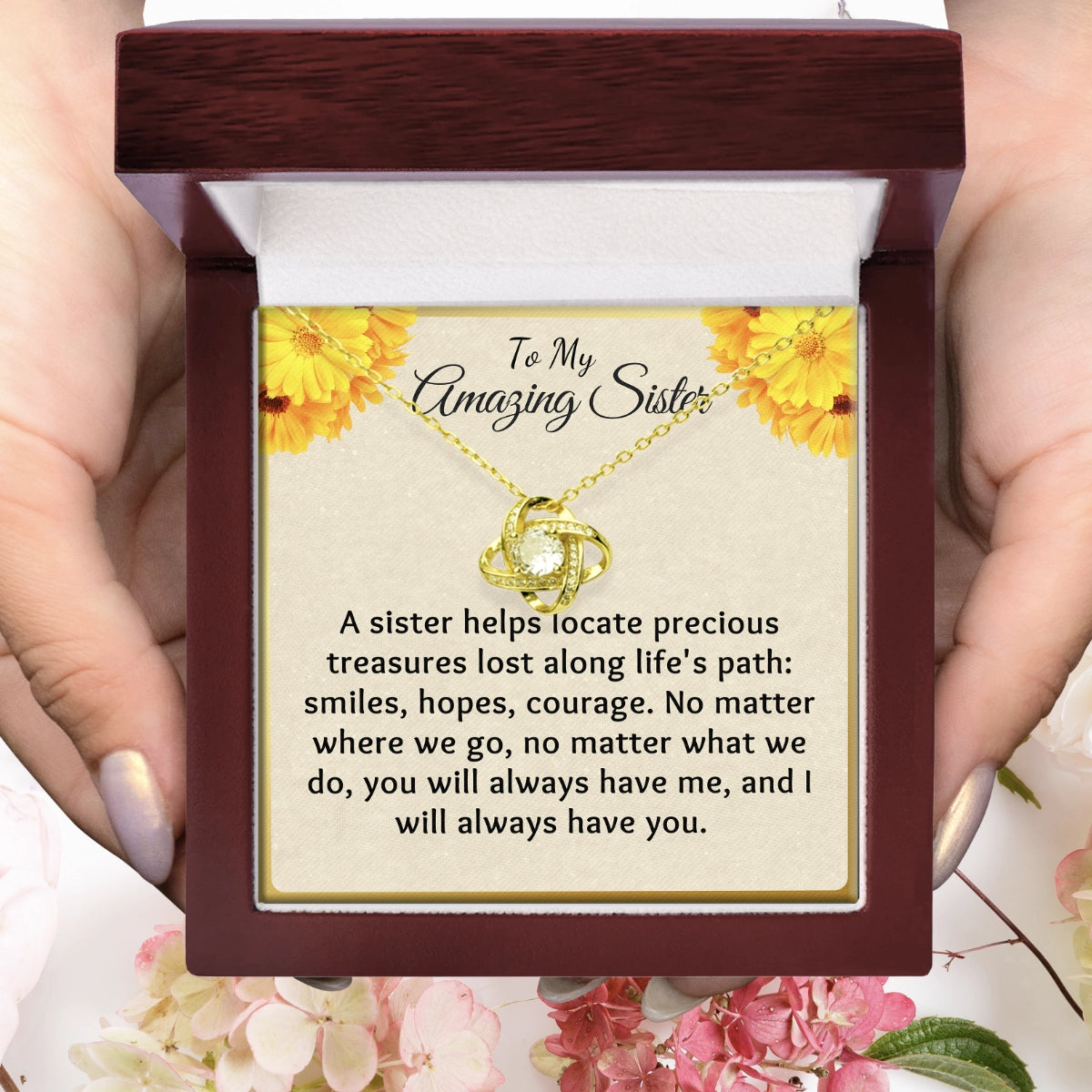 To My Sister Love-Knot Necklace With Heartfelt Message Card in Luxury Wood Box