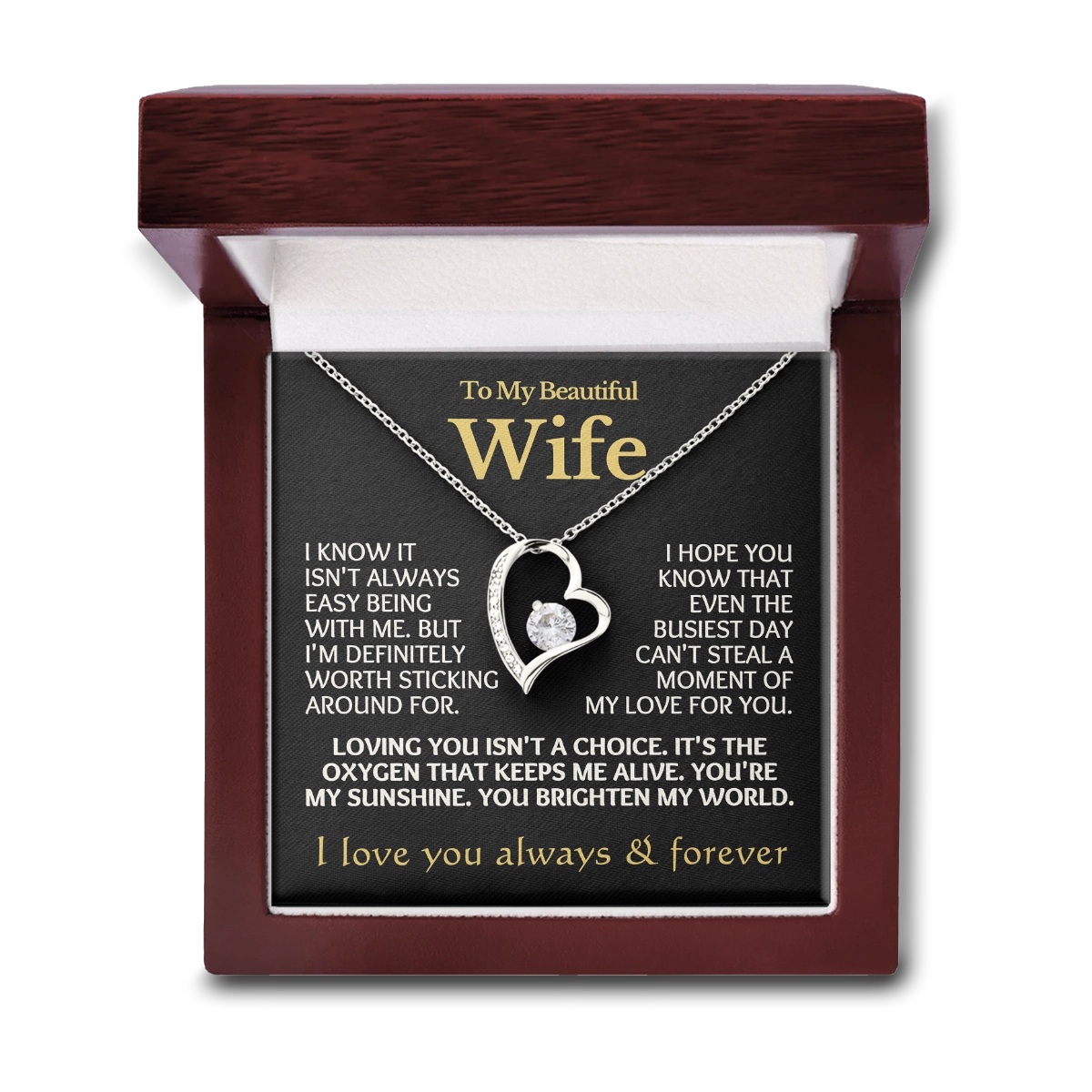 To My Wife Heart Necklace With Heartfelt Message Card in Luxury Wood Box