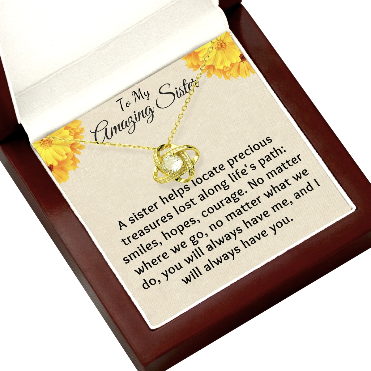 To My Sister Love-Knot Necklace With Heartfelt Message Card in Luxury Wood Box