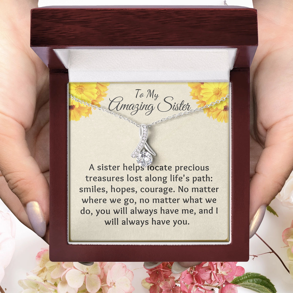 To My Sister Allure Necklace With Heartfelt Message Card in Luxury Wood Box