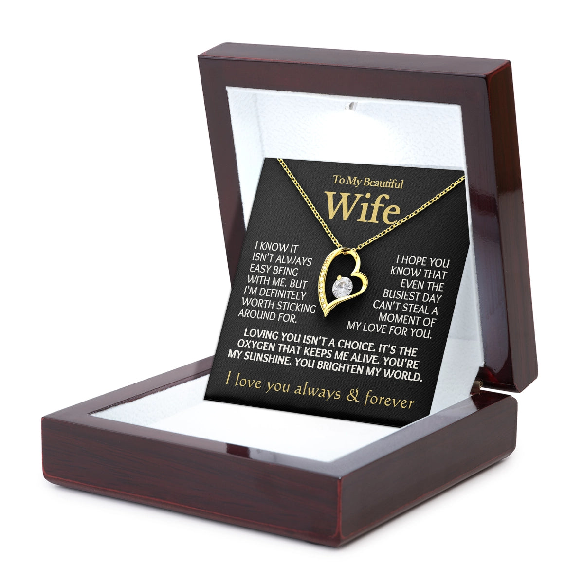 To My Wife Heart Necklace With Heartfelt Message Card in Luxury Wood Box