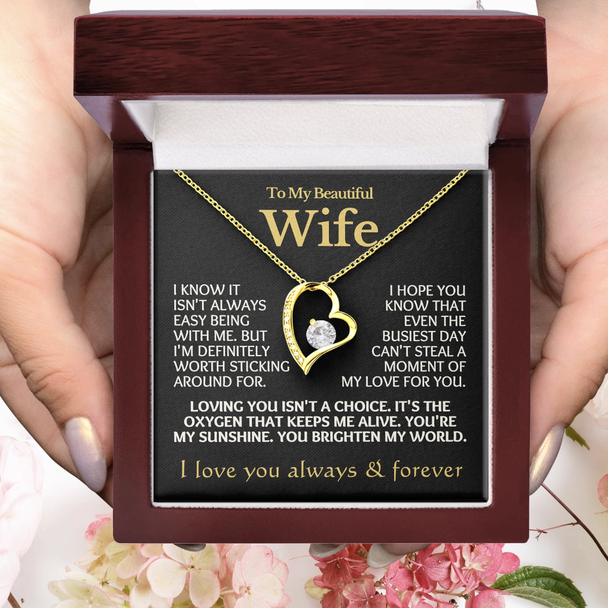 To My Wife Heart Necklace With Heartfelt Message Card in Luxury Wood Box