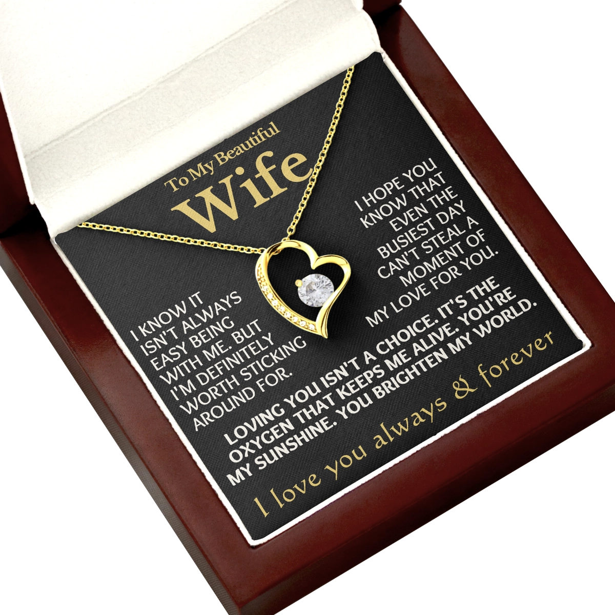 To My Wife Heart Necklace With Heartfelt Message Card in Luxury Wood Box