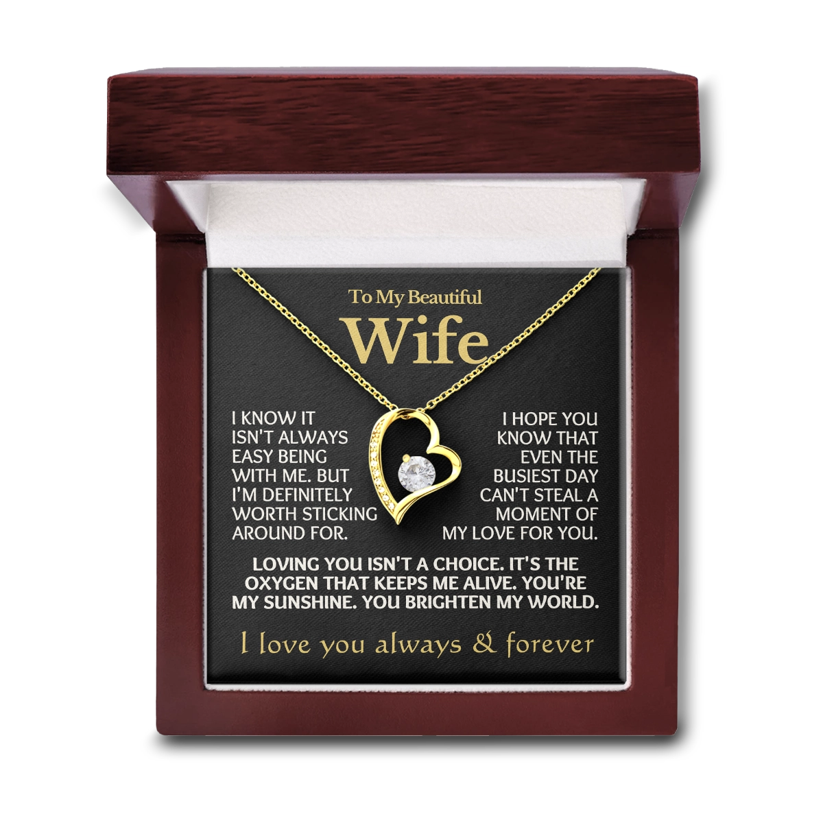 To My Wife Heart Necklace With Heartfelt Message Card in Luxury Wood Box