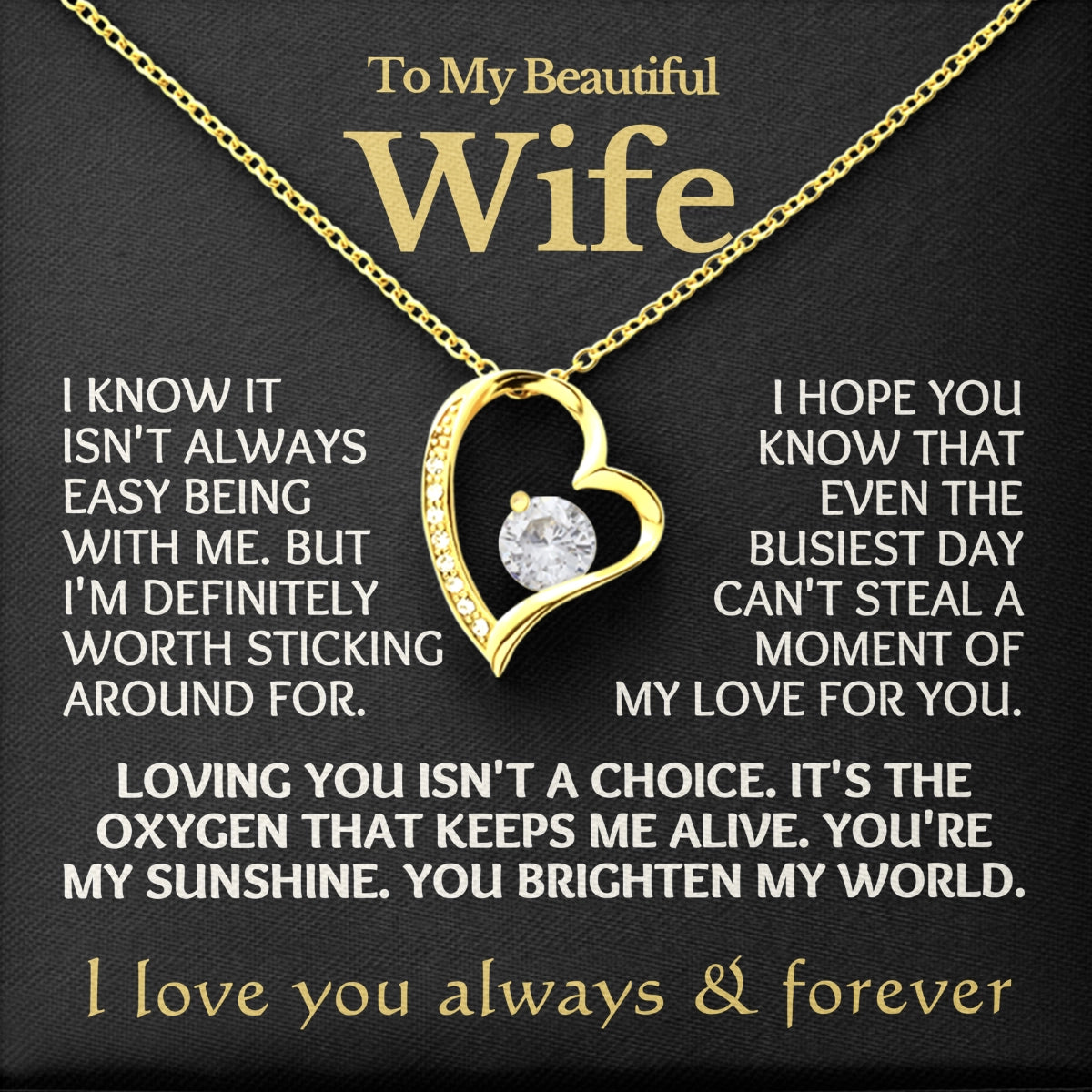 To My Wife Heart Necklace With Heartfelt Message Card in Luxury Wood Box