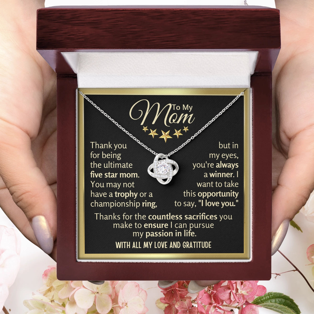 To My Mom Love-Knot Necklace With Heartfelt Message Card in Luxury Wood Box