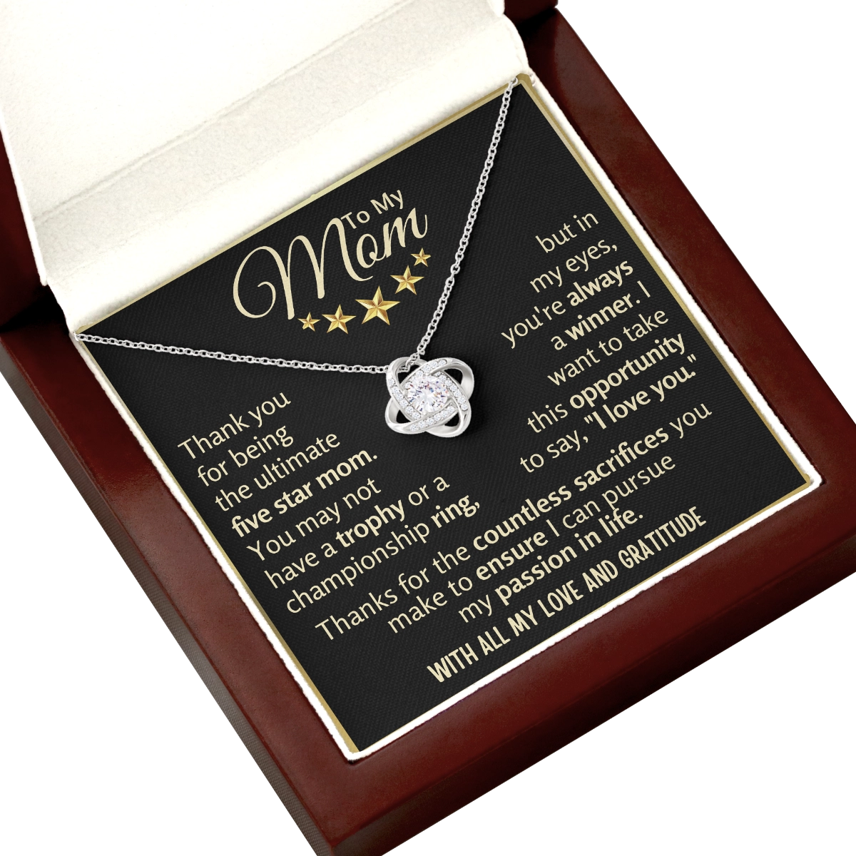 To My Mom Love-Knot Necklace With Heartfelt Message Card in Luxury Wood Box