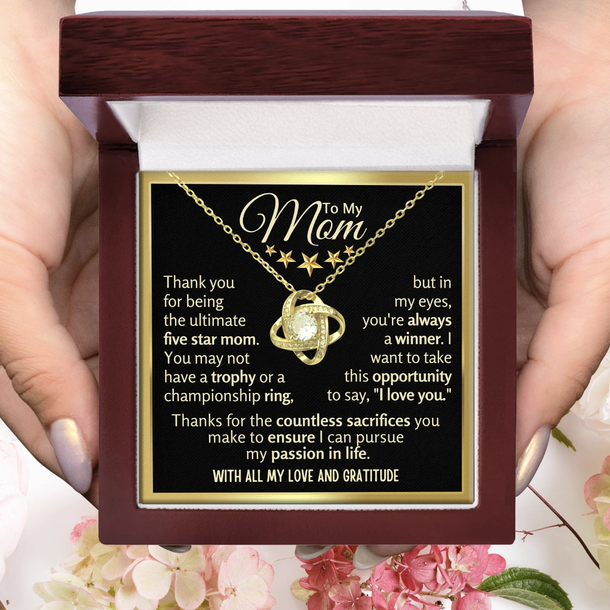 To My Mom Love-Knot Necklace With Heartfelt Message Card in Luxury Wood Box