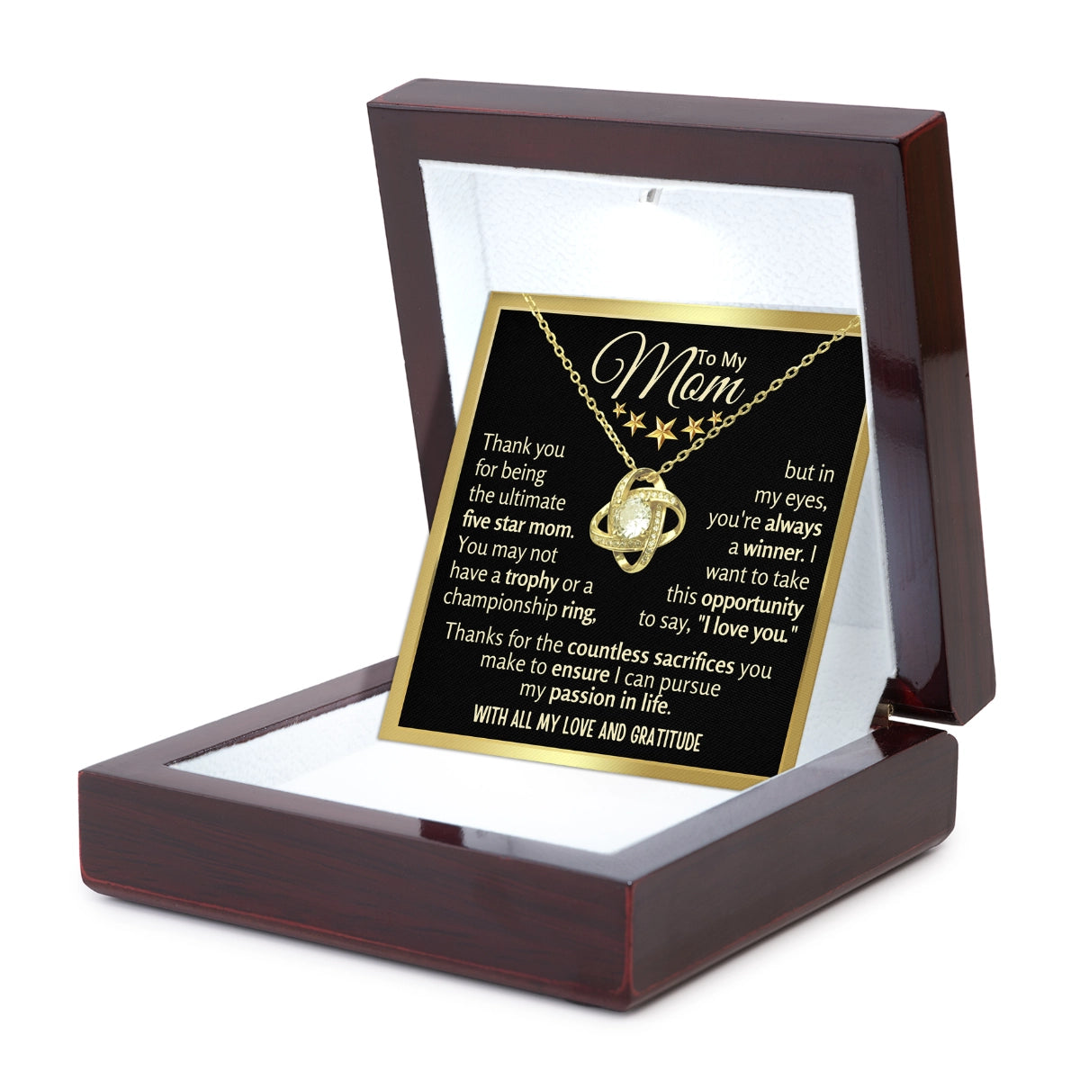 To My Mom Love-Knot Necklace With Heartfelt Message Card in Luxury Wood Box