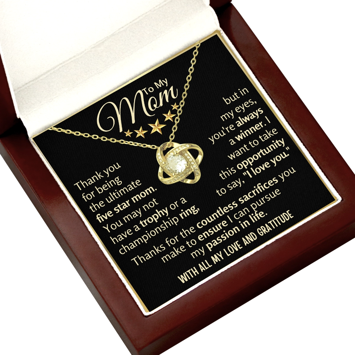 To My Mom Love-Knot Necklace With Heartfelt Message Card in Luxury Wood Box