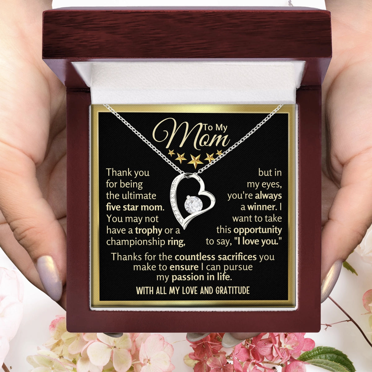 To My Mom Heart Necklace With Heartfelt Message Card in Luxury Wood Box